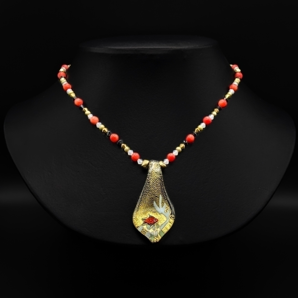 Glass Fish Scene Pendant on Beaded Chain - Lampwork